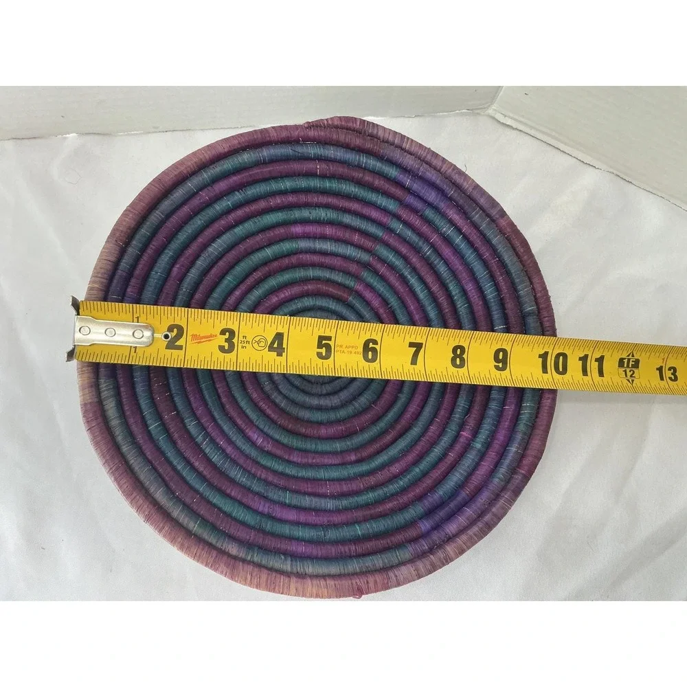 Set of 2 Handcrafted Woven Wall Baskets Purple Teal Boho Spiral Coiled Plates 10